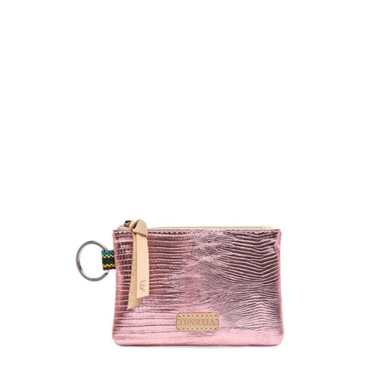 Pink metallic wallet with a keychain on a white background