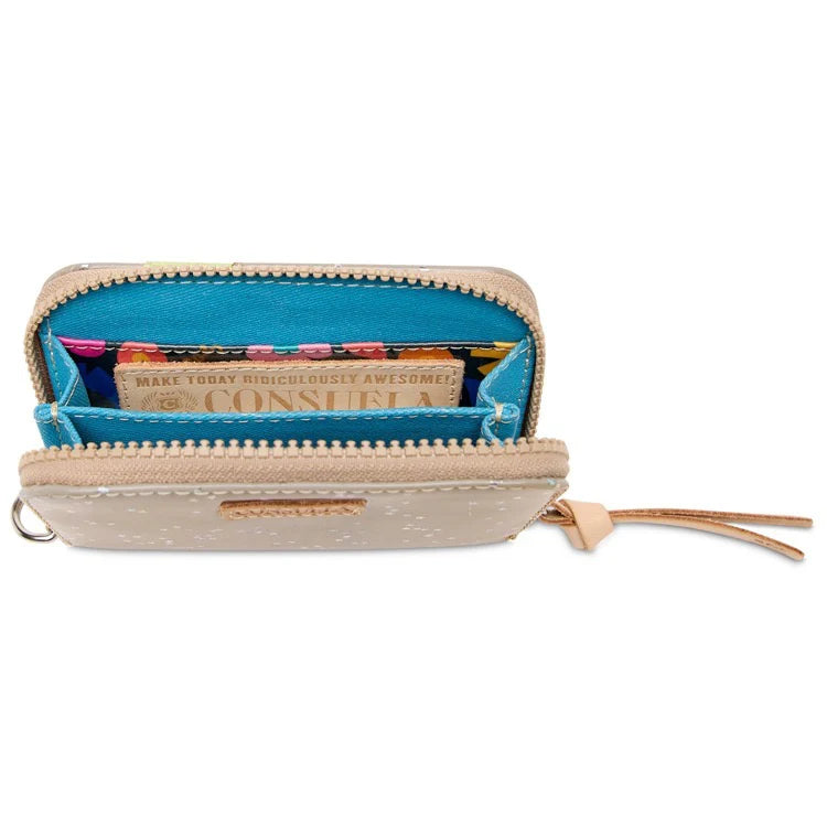 Beige wallet with blue interior on a white background