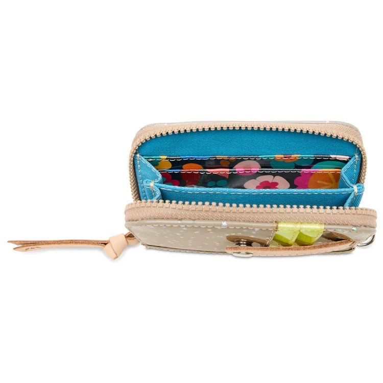 Open beige wallet with floral interior on a white background