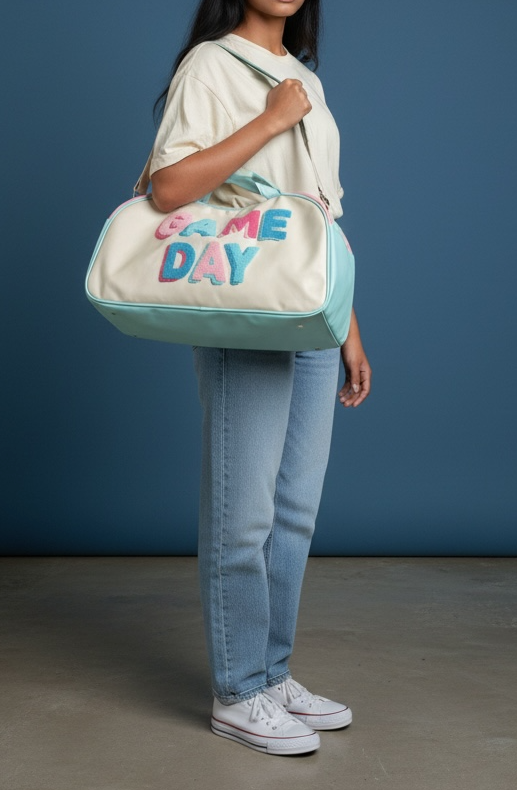 Person holding a bag with 'Have a nice day' text against a blue background