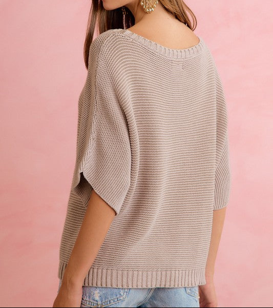 A woman wearing a beige ribbed knit sweater with elbow-length sleeves, shown from a side-back angle against a solid pink background.