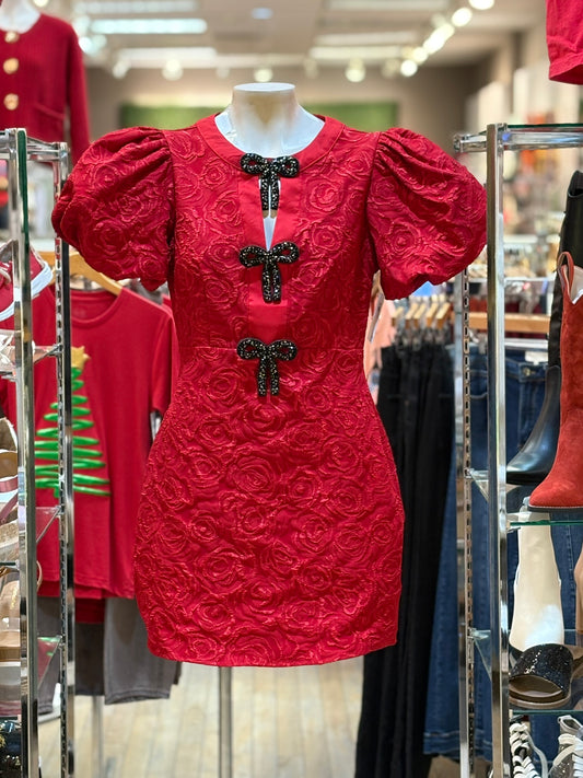 Rose Jacquard Puff Sleeve Bow Detail Mini Dress