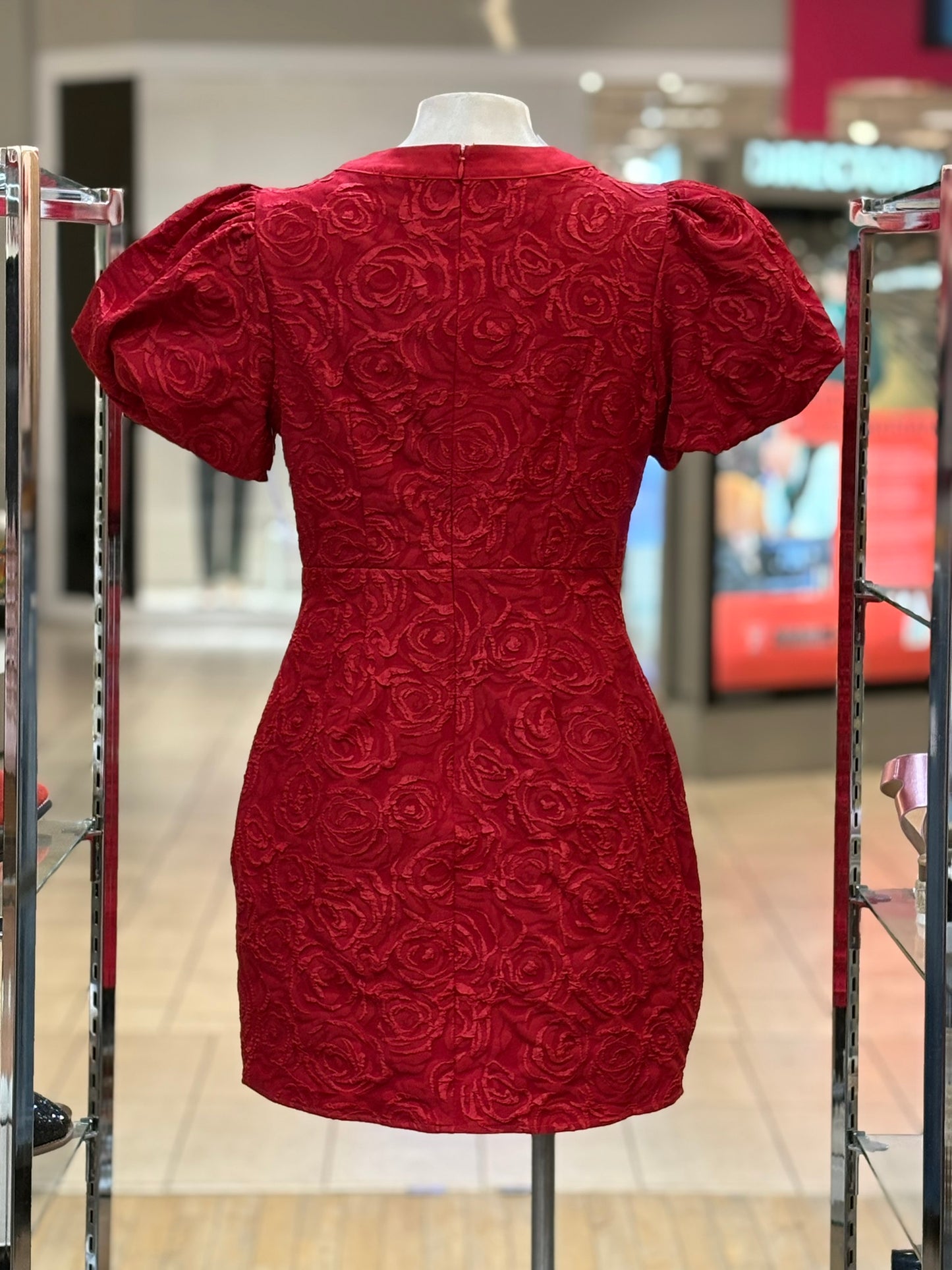 Rose Jacquard Puff Sleeve Bow Detail Mini Dress