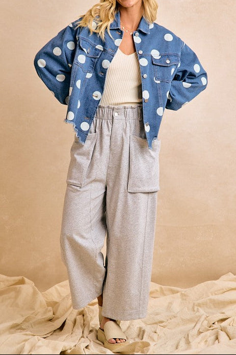 Women's Polka Dot Cropped Denim Jacket w/Frayed Hem But