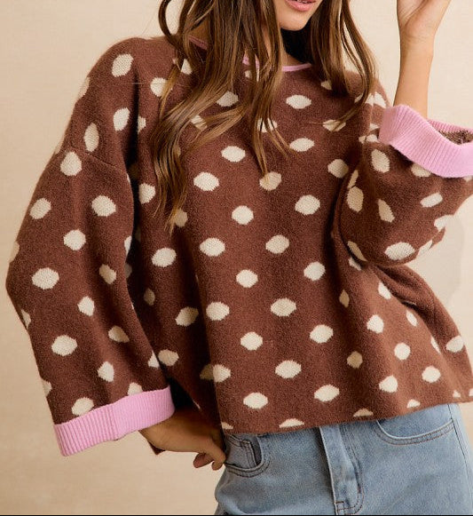 Women's Contrast Neck & Roll Up Detail Polka Brown Dot Sweater