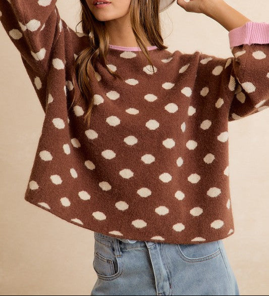 Women's Contrast Neck & Roll Up Detail Polka Brown Dot Sweater