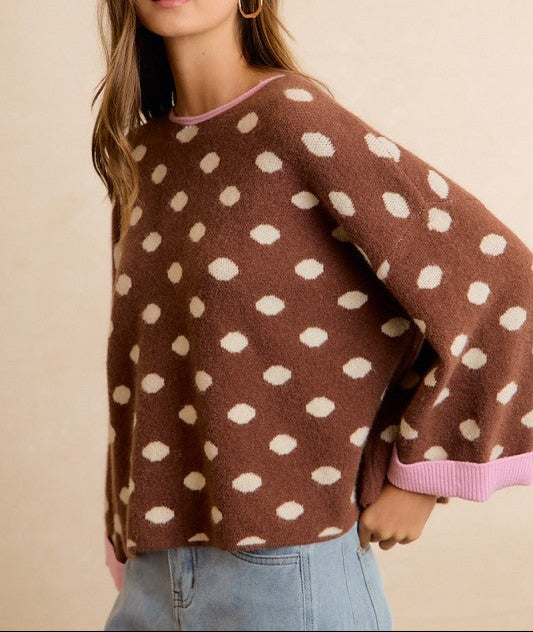 Women's Contrast Neck & Roll Up Detail Polka Brown Dot Sweater