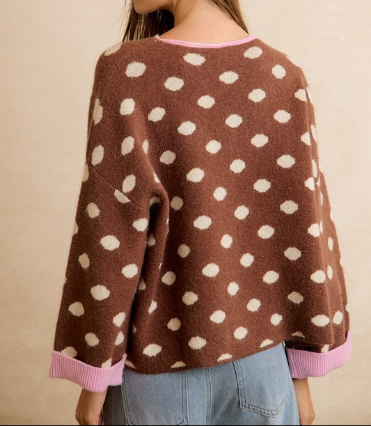 Women's Contrast Neck & Roll Up Detail Polka Brown Dot Sweater