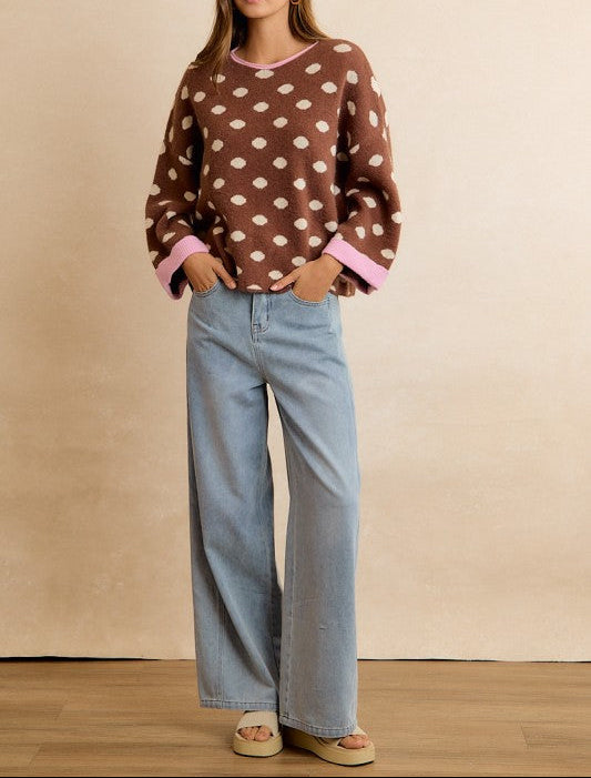 Women's Contrast Neck & Roll Up Detail Polka Brown Dot Sweater