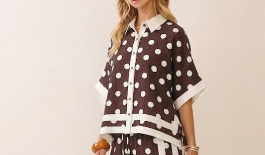 Women's 3/4-Sleeve Oversized Brown Polka Dot Blouse