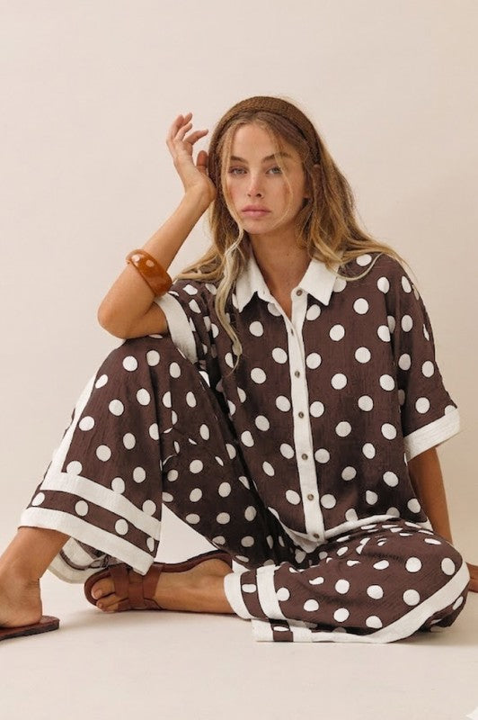 Women's Wide-Leg Polka Brown Dot Pants