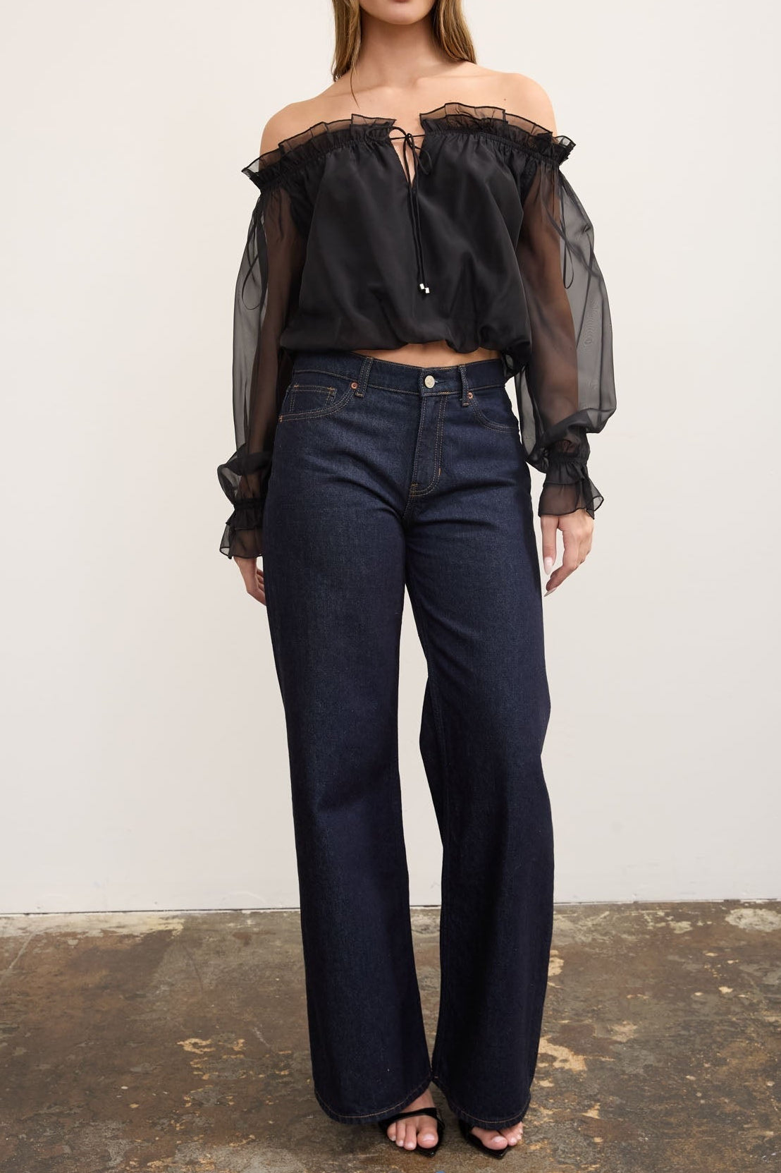 Women's Ruffle Off-Shoulder Black Long Sleeve Peasant Blouse