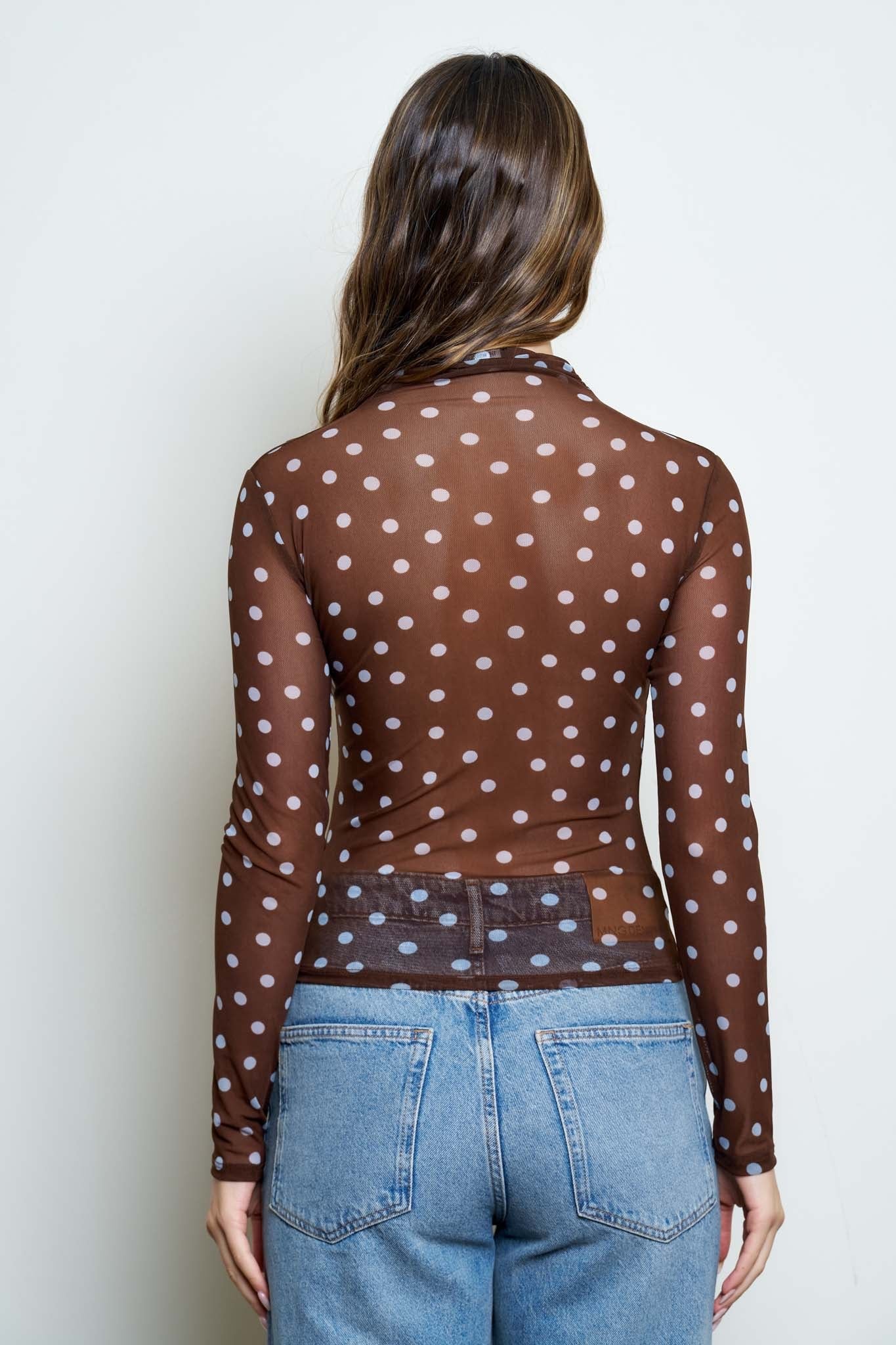 Women's Polka Dot Mesh Mock Neck Chocolate Brown Long Sleeve Knit Top