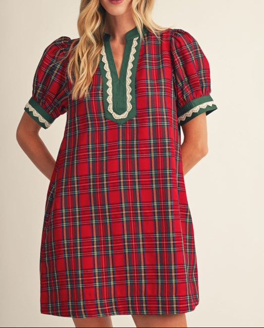 Woman's Lace Trim Detail Plaid Shift Dress