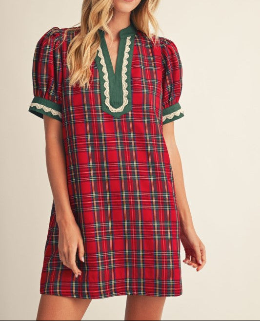 Woman's Lace Trim Detail Plaid Shift Dress