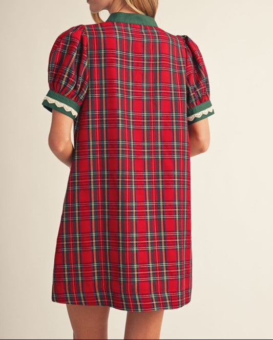 Woman's Lace Trim Detail Plaid Shift Dress