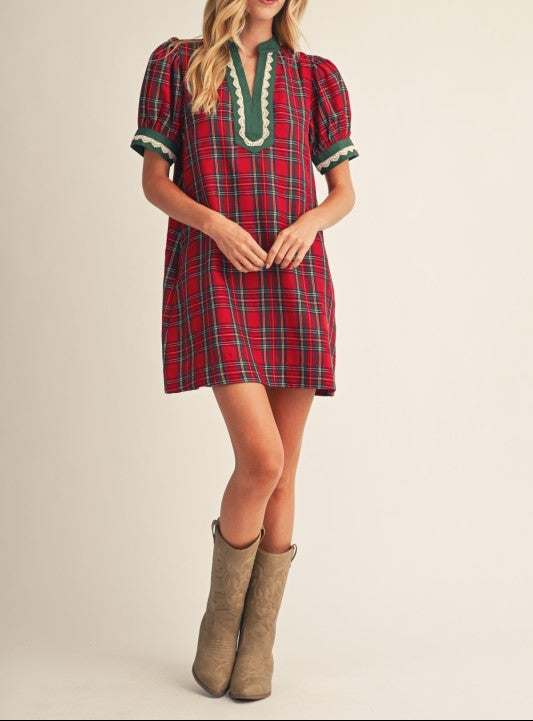 Woman's Lace Trim Detail Plaid Shift Dress