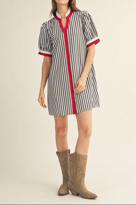 Woman's Striped Button Front Puff Sleeve Dress