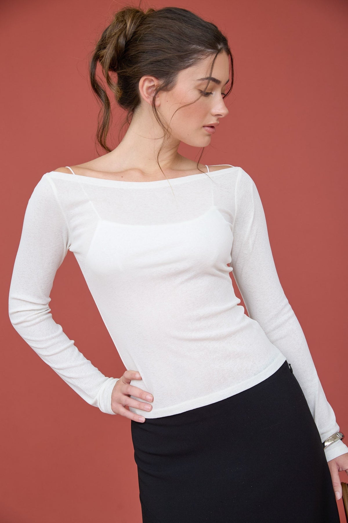 Women's Sheer Boat Neck Long Sleeve Layered White Top