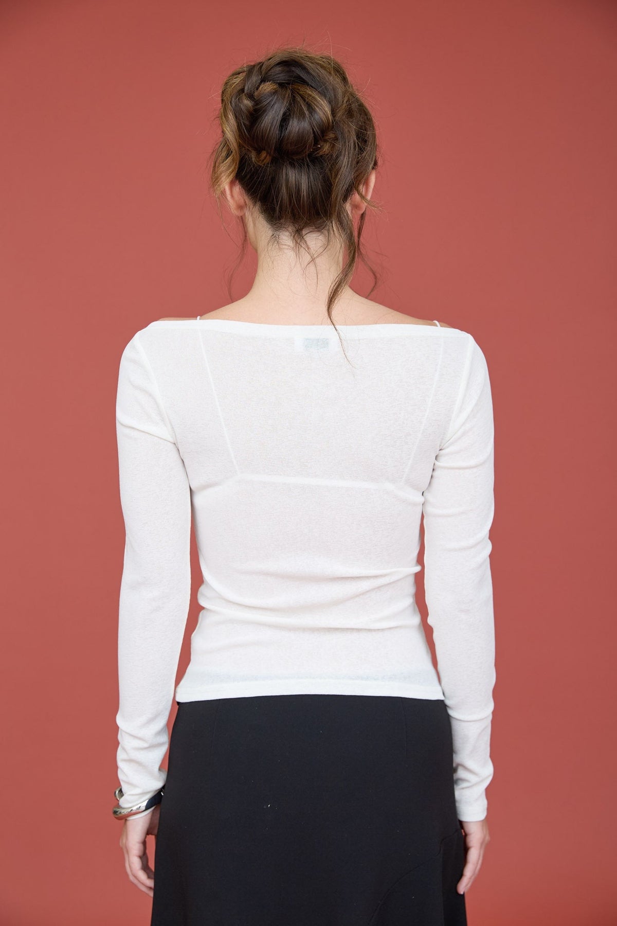 Women's Sheer Boat Neck Long Sleeve Layered White Top