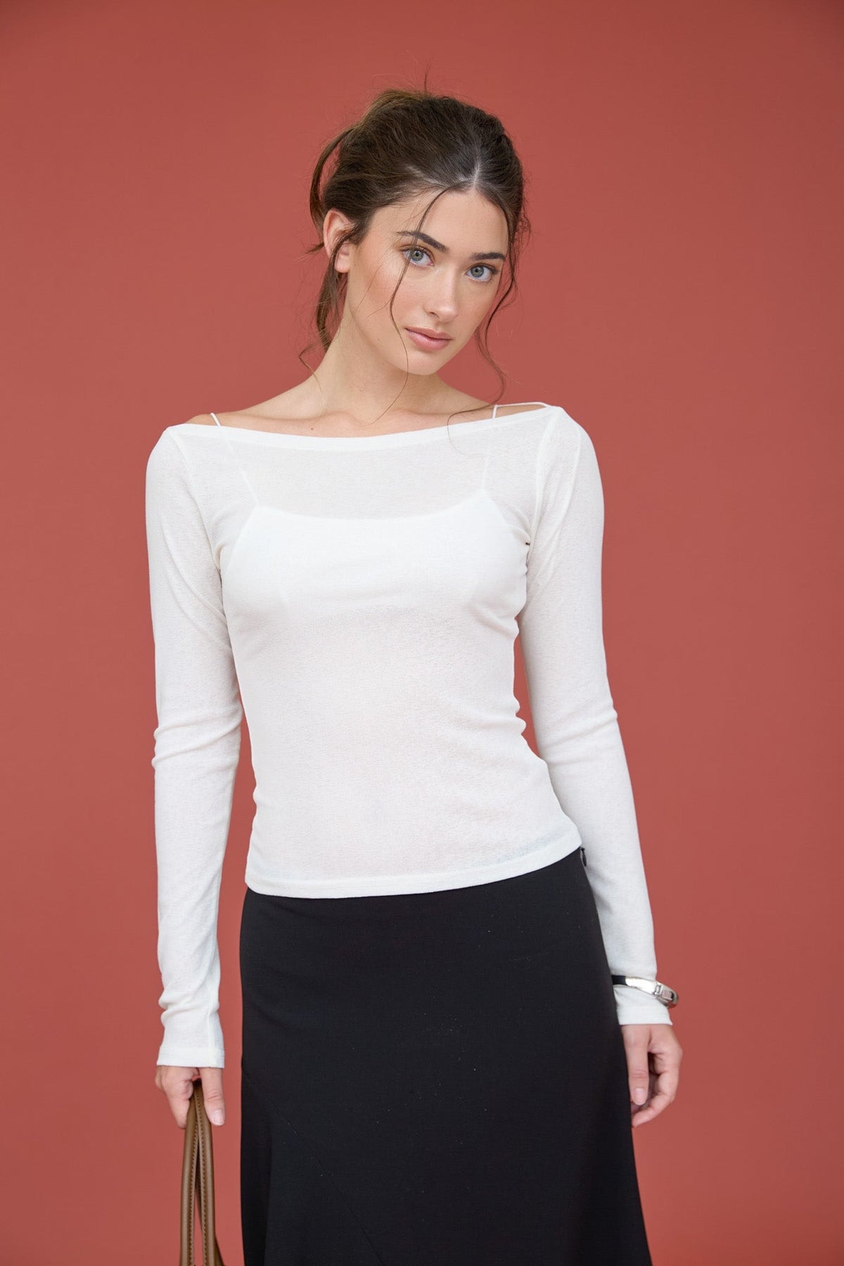 Women's Sheer Boat Neck Long Sleeve Layered White Top