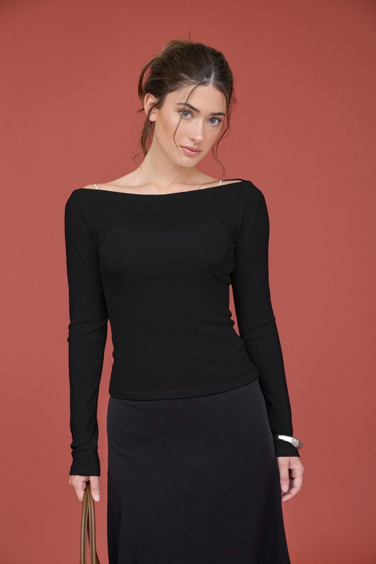 Women's Sheer Boat Neck Long Sleeve Layered Black Top