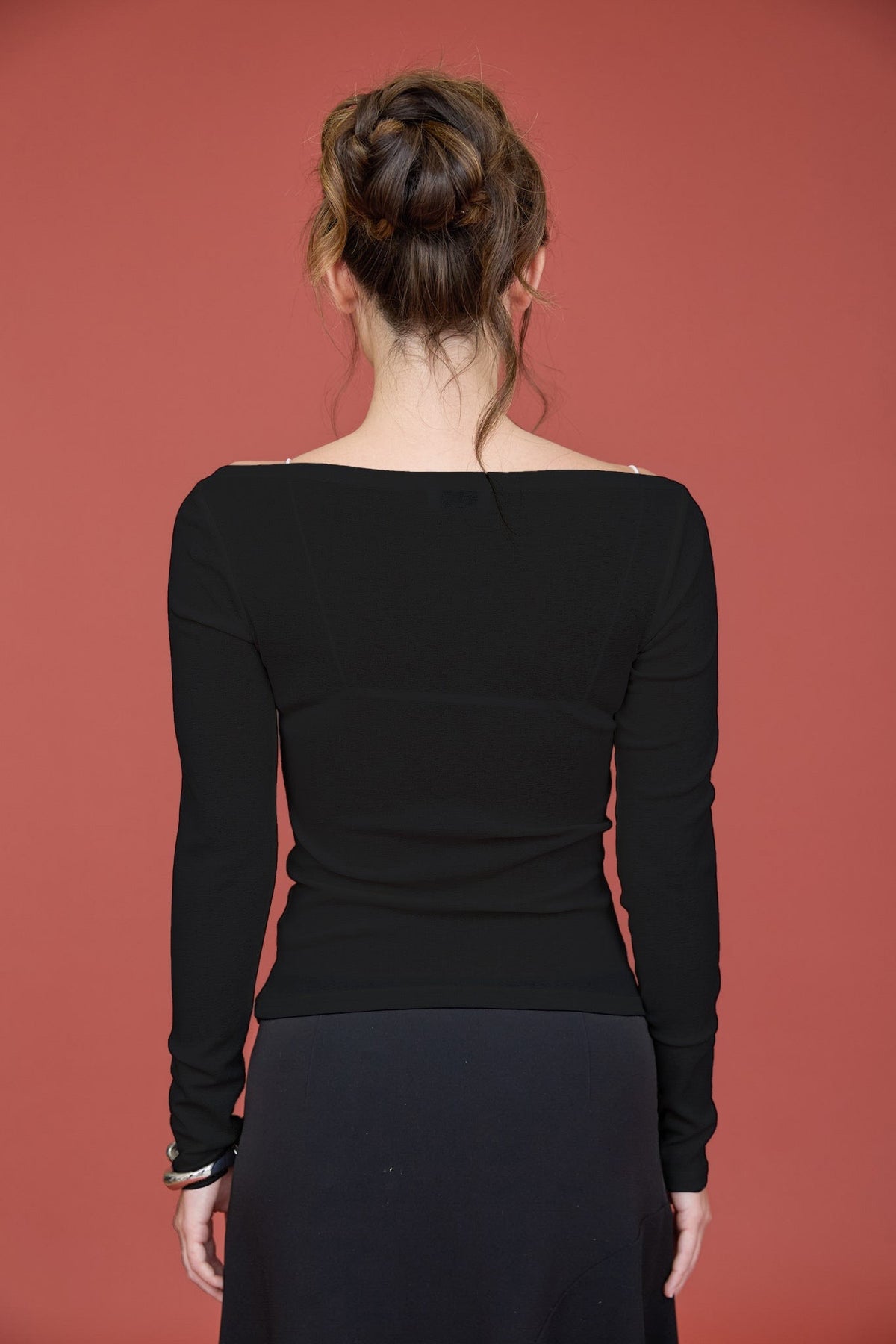 Women's Sheer Boat Neck Long Sleeve Layered Black Top