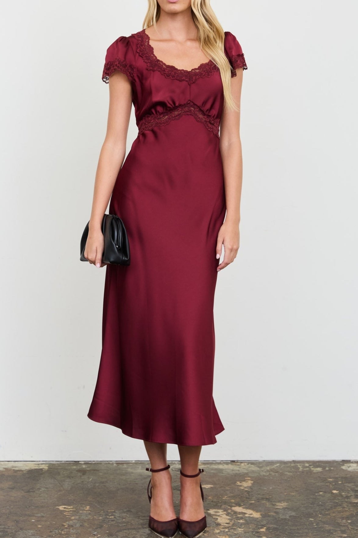 Women's Satin Lace Trim Puff Sleeve Midi Dress