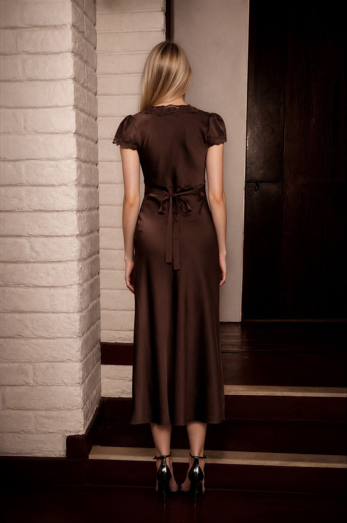 Women's Satin Lace Trim Puff Sleeve Midi Brown Dress
