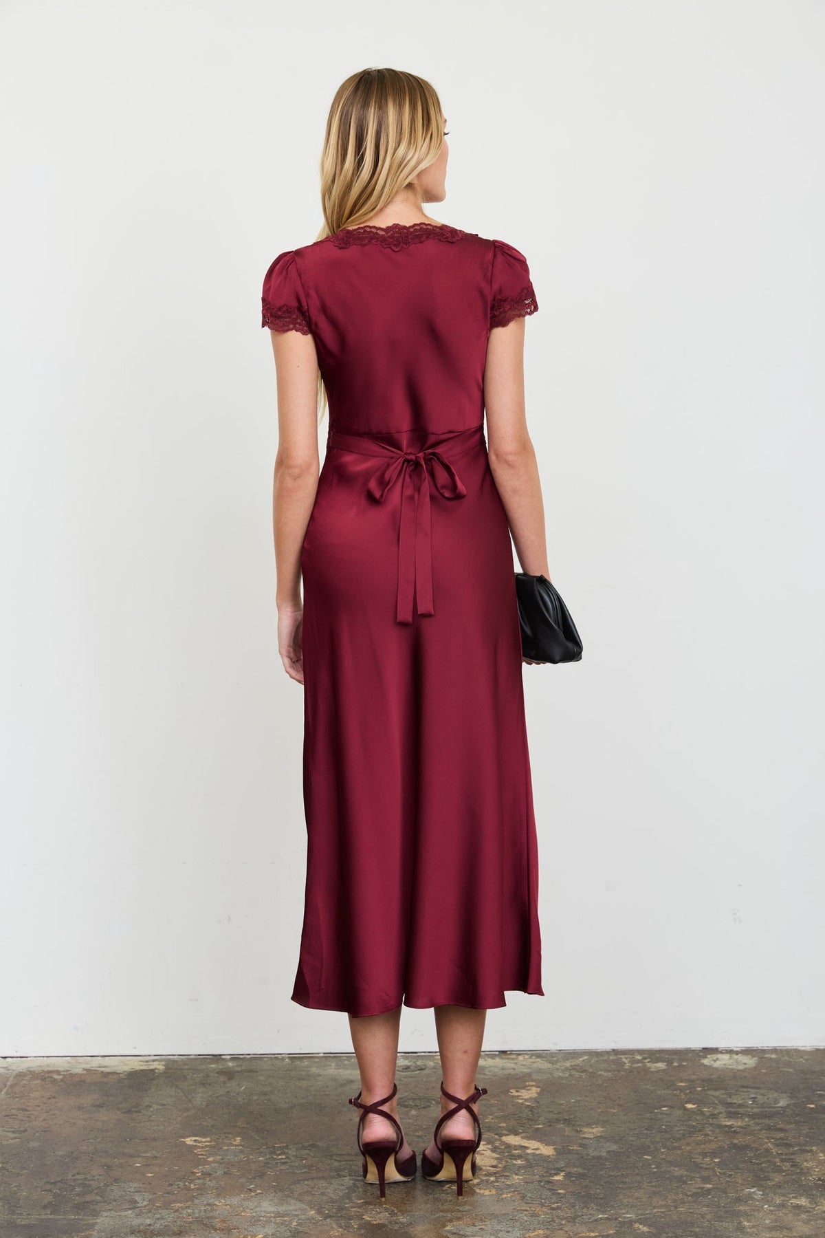 Women's Satin Lace Trim Puff Sleeve Midi Dress