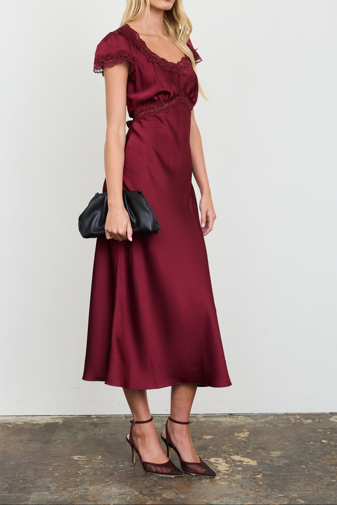 Women's Satin Lace Trim Puff Sleeve Midi Dress