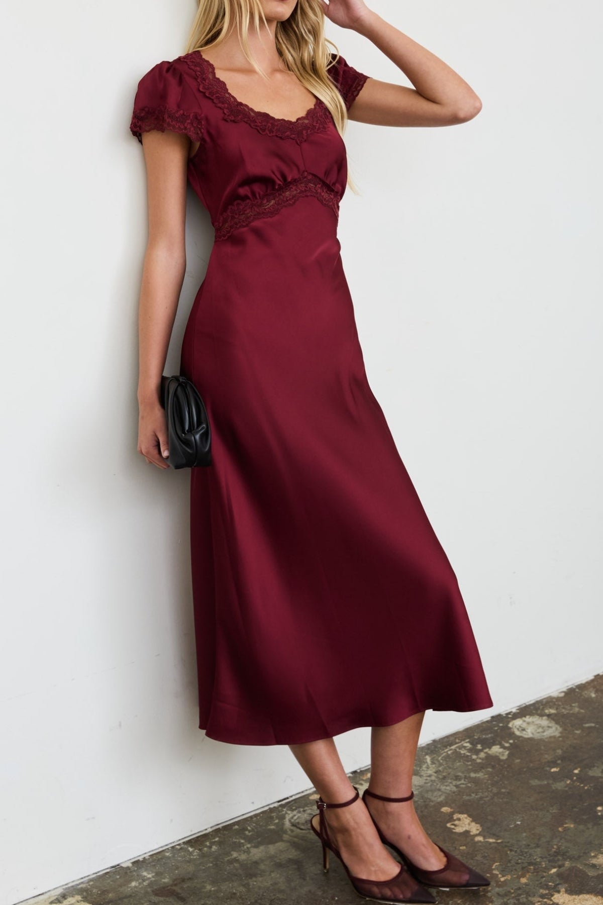 Women's Satin Lace Trim Puff Sleeve Midi Dress