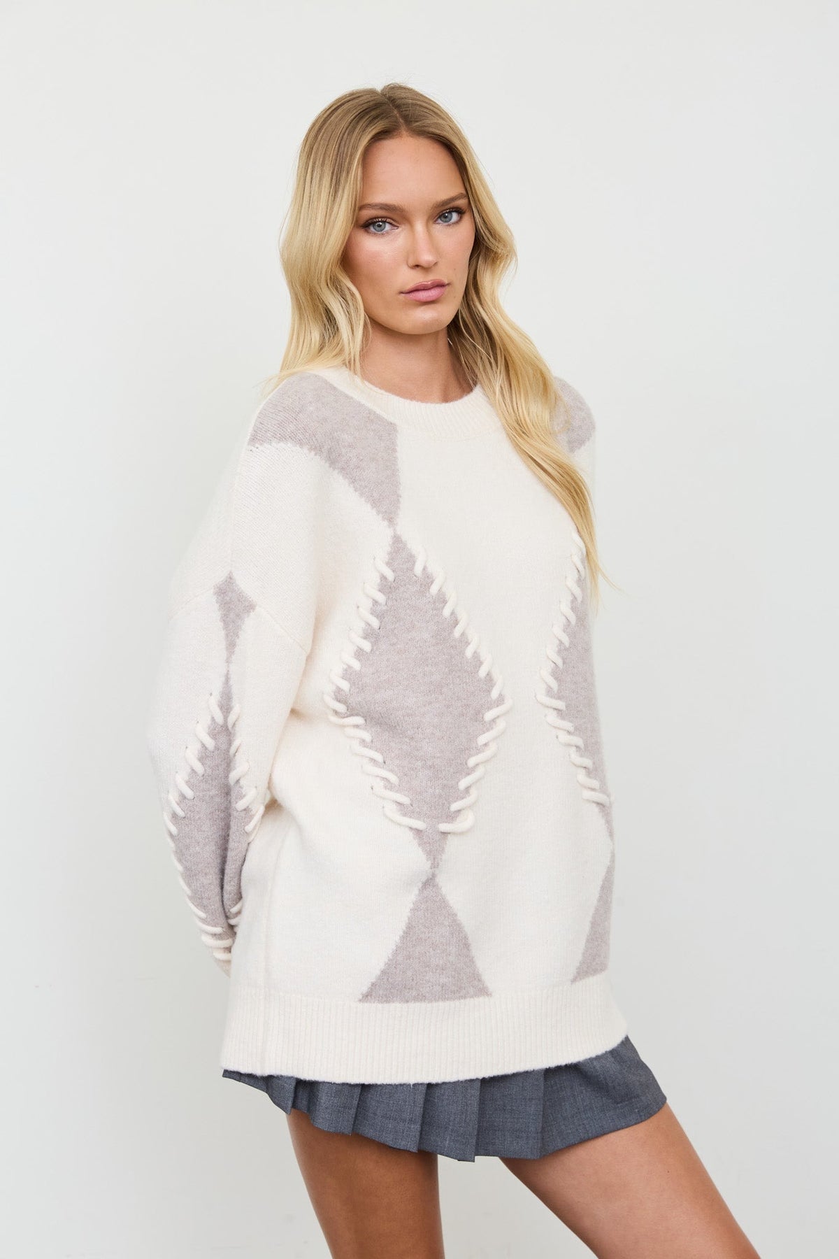 Women's Argyle Whipstitch Crew Neck Sweater