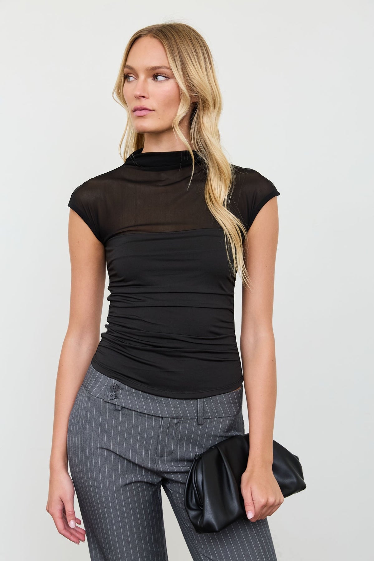 Women's Mesh Ruched Mock Neck Black Top