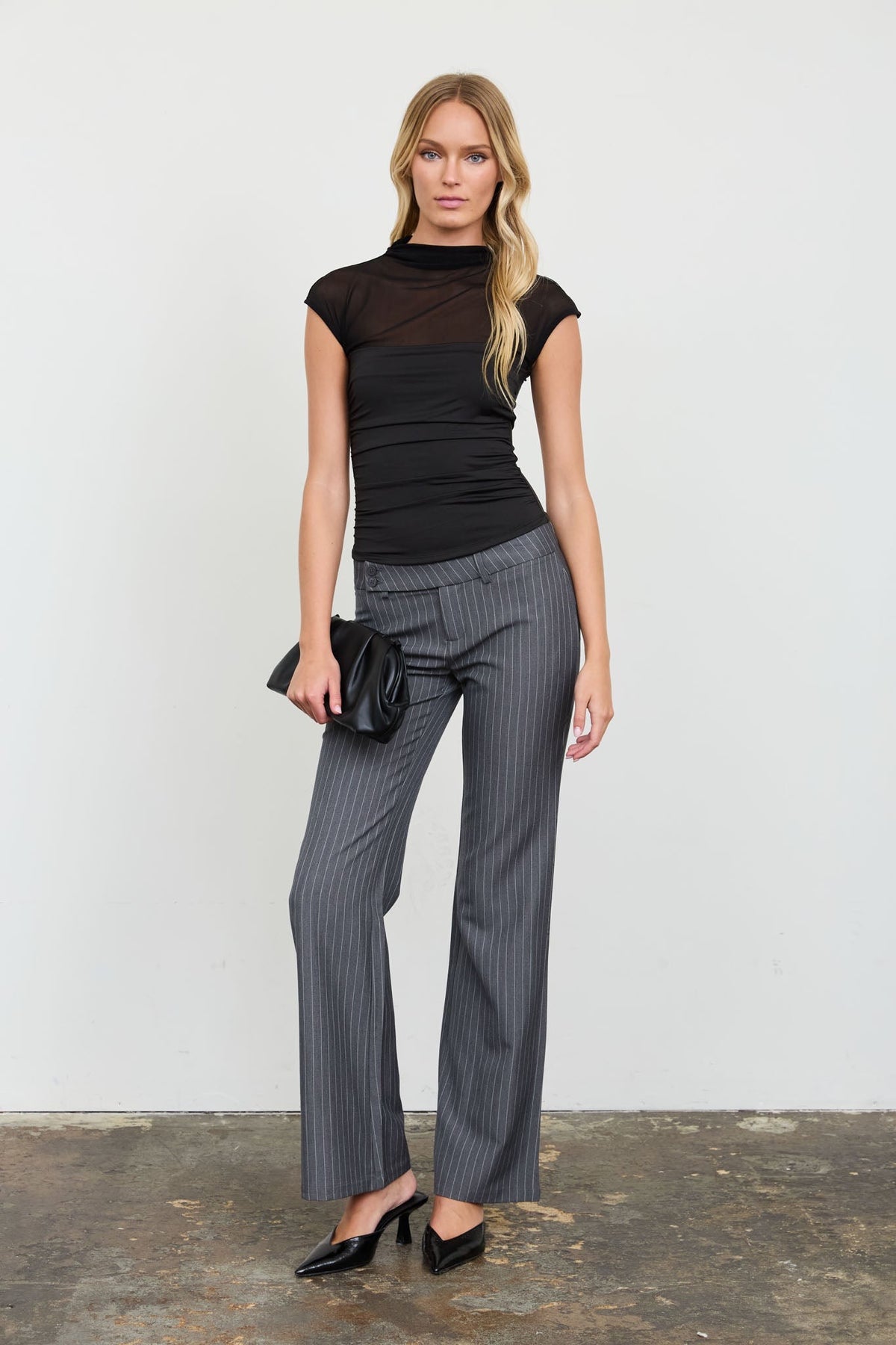 Women's Mesh Ruched Mock Neck Black Top