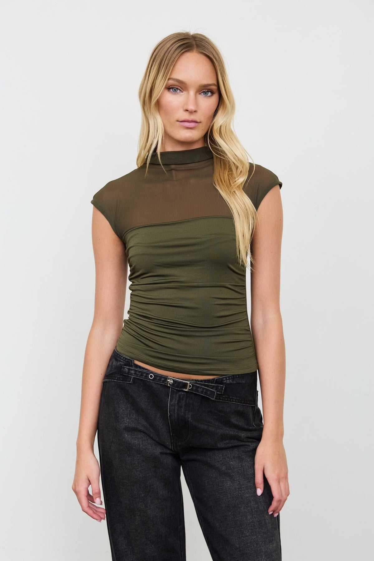 Women's Mesh Ruched Mock Neck Olive Top