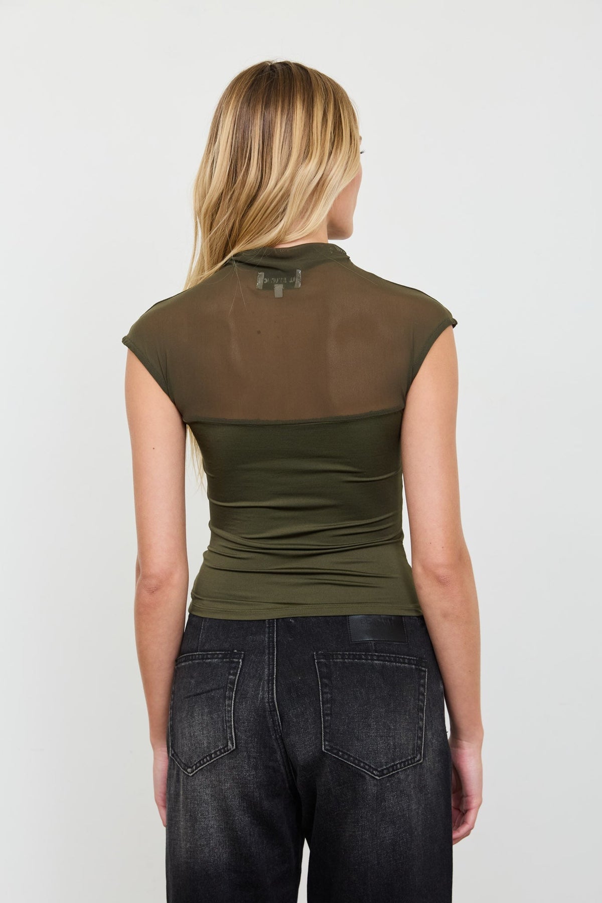 Women's Mesh Ruched Mock Neck Olive Top