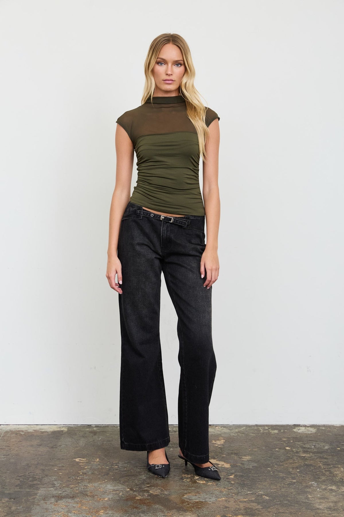 Women's Mesh Ruched Mock Neck Olive Top