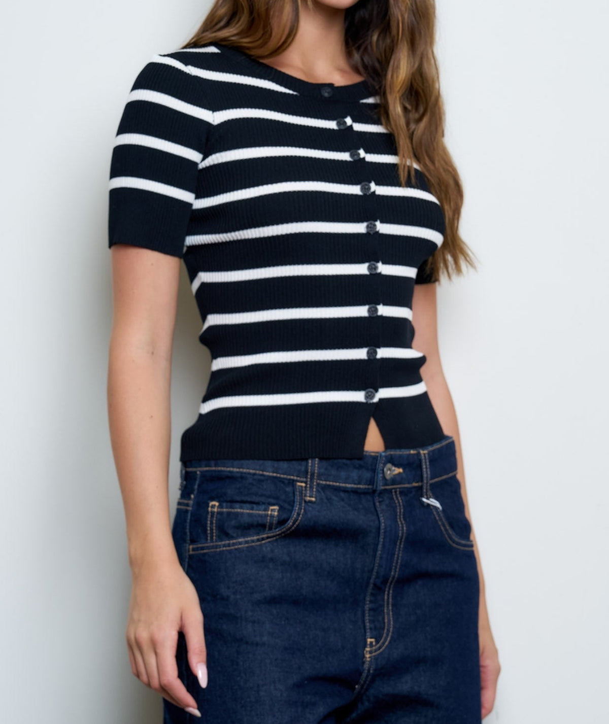 Women's Short-Sleeve Striped Rib-Knit Cardigan Top