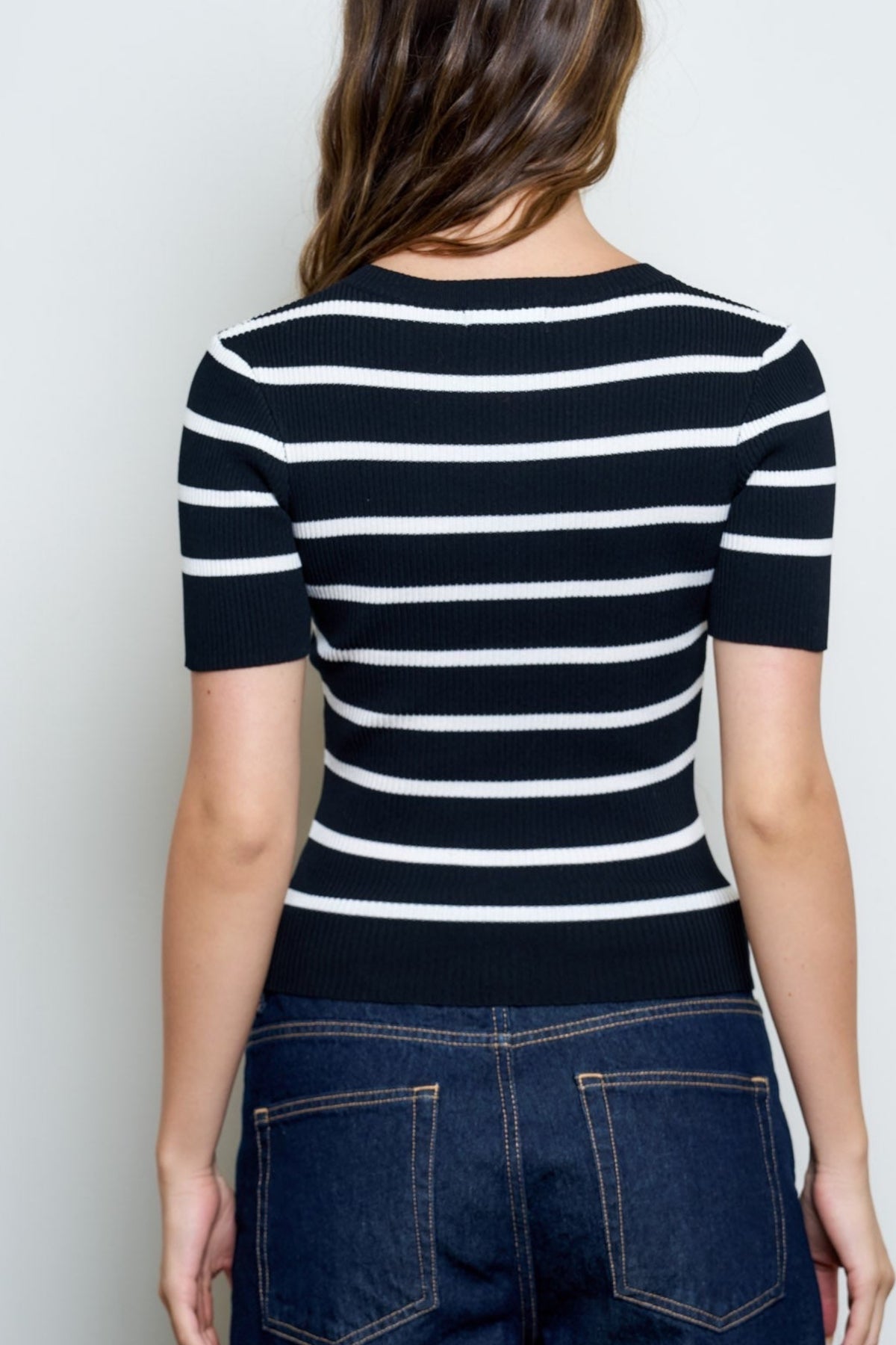 Women's Short-Sleeve Striped Rib-Knit Cardigan Top