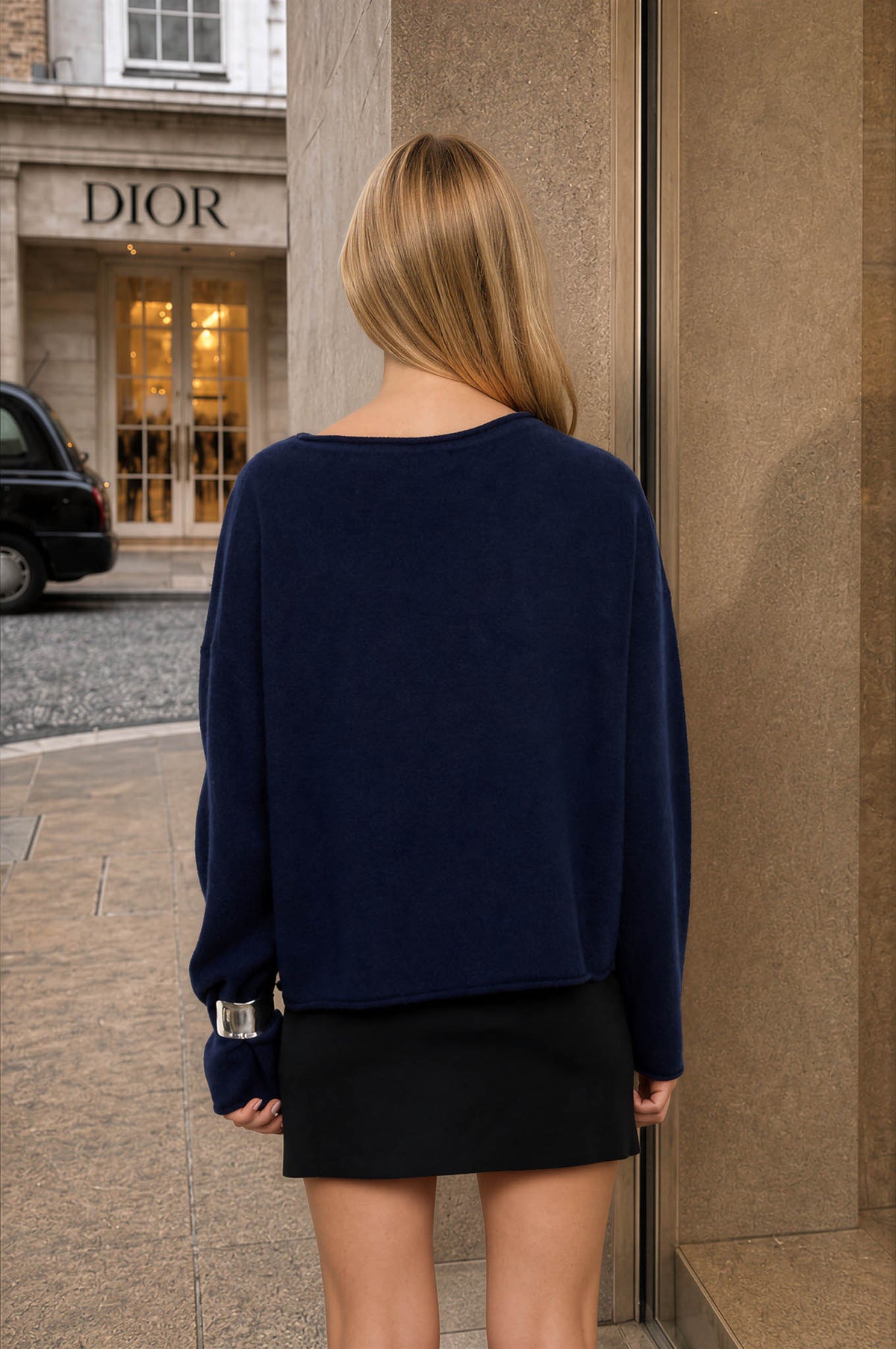 Women's Italian Knit Raw Edge Drop-Shoulder Navy Sweater