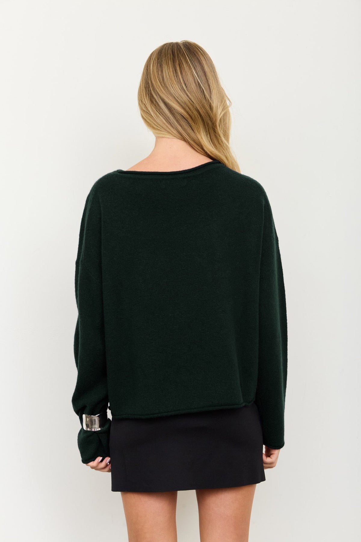 Women's Italian Knit Raw Edge Drop-Shoulder Dark Green Sweater