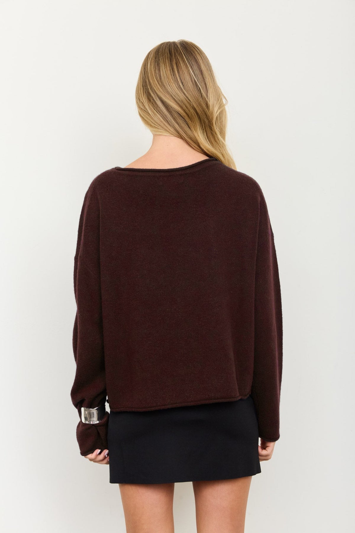 Women's Italian Knit Raw Edge Drop-Shoulder Burgundy Sweater