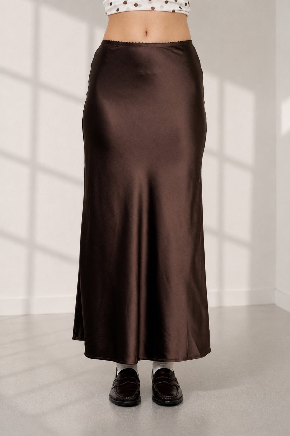 Women's Satin Slip Maxi Skirt in Brown