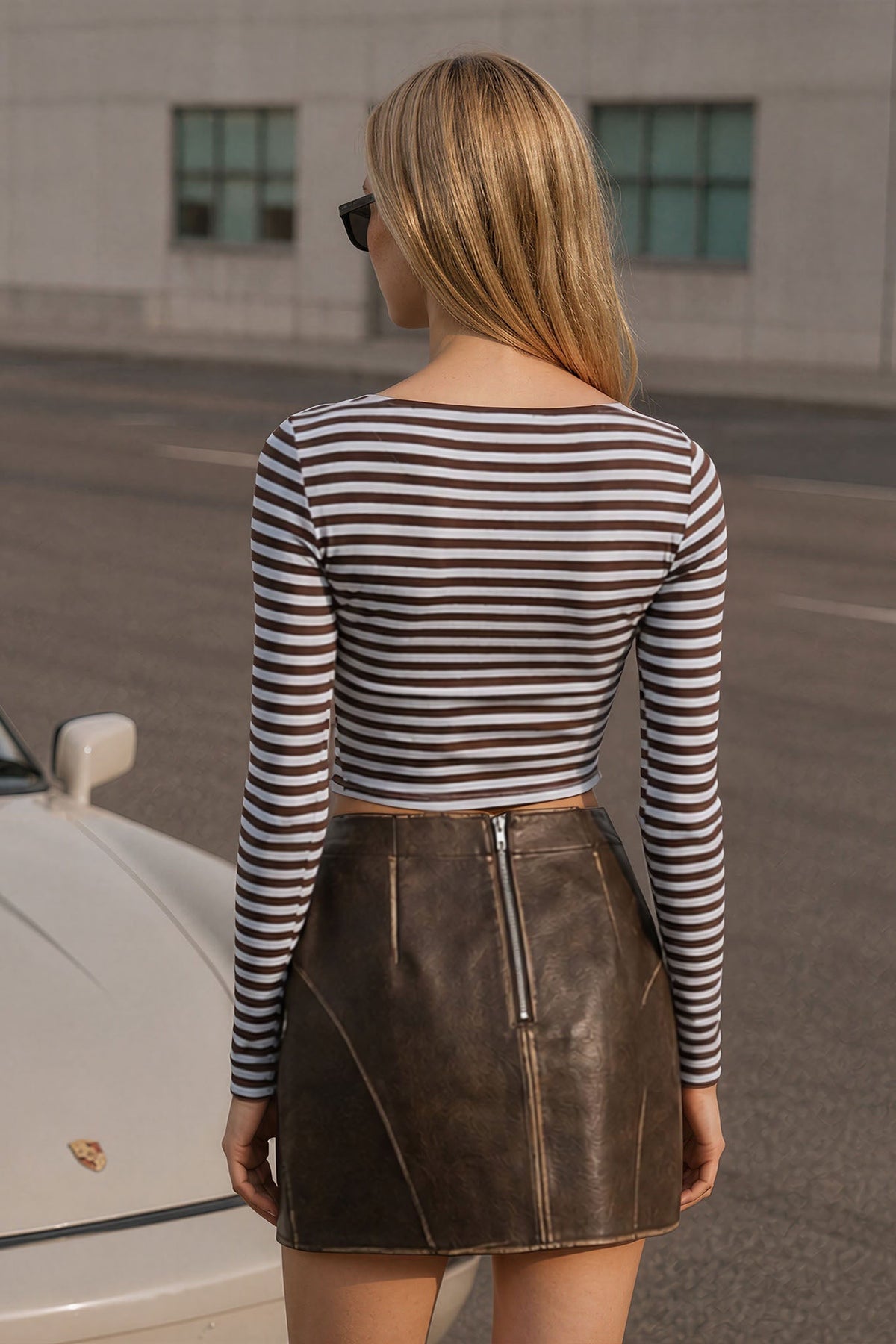 Women's  Striped Asymmetrical Hem Boat-Neck Long-Sleeve Crop Top