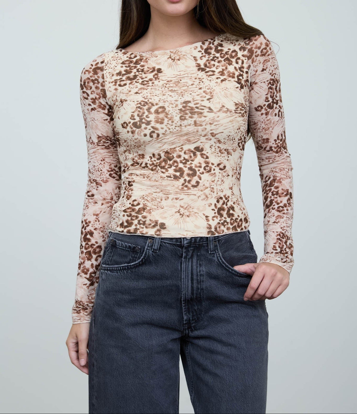 Women's Floral Leopard Print Long Sleeve Knit Top