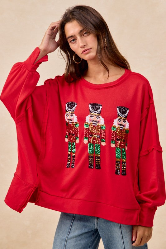 Women's Christmas Sequin Nutcrackers Embroidery Sweatshirt