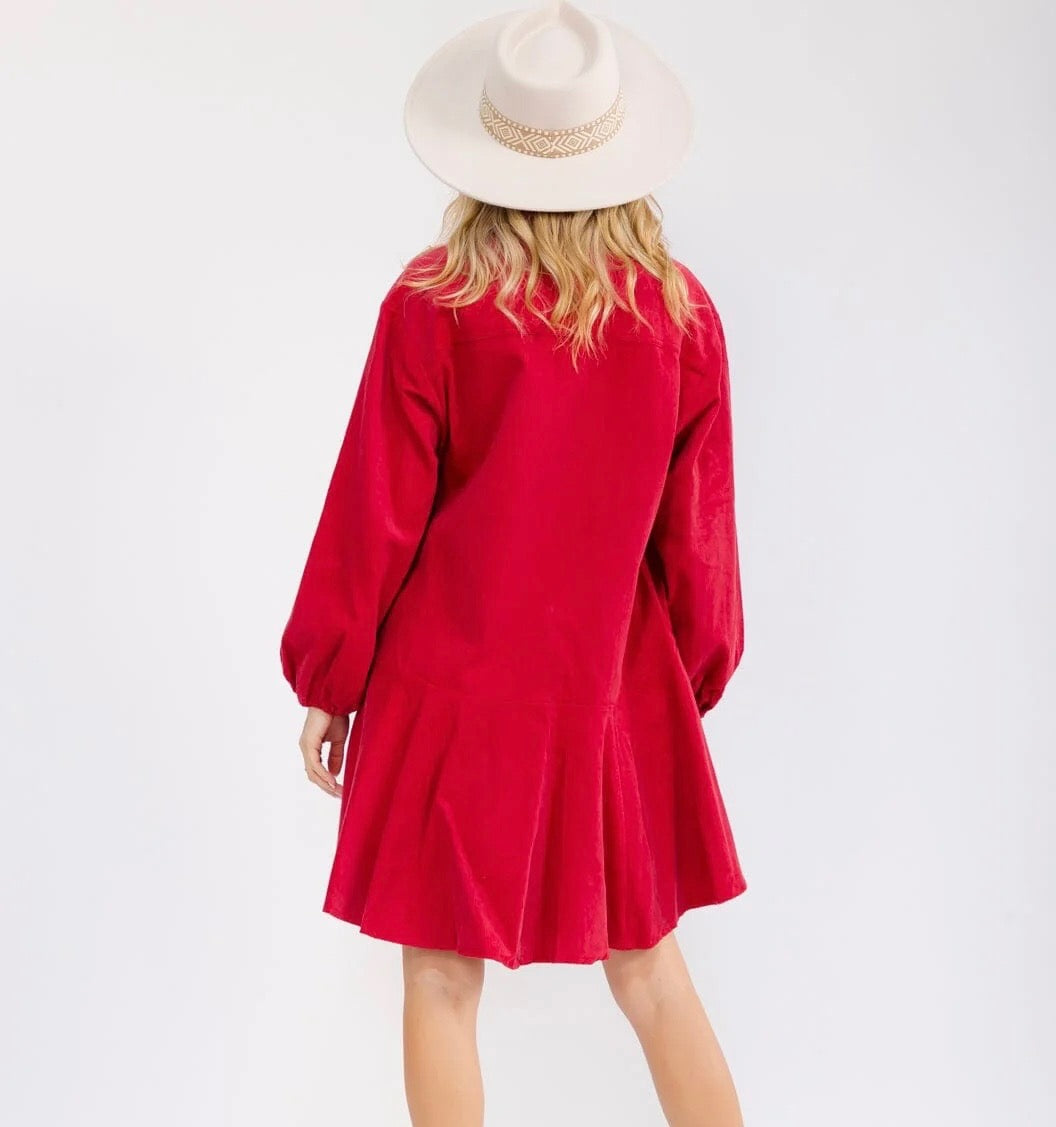 Women's Long Sleeve Button Up Red Dress
