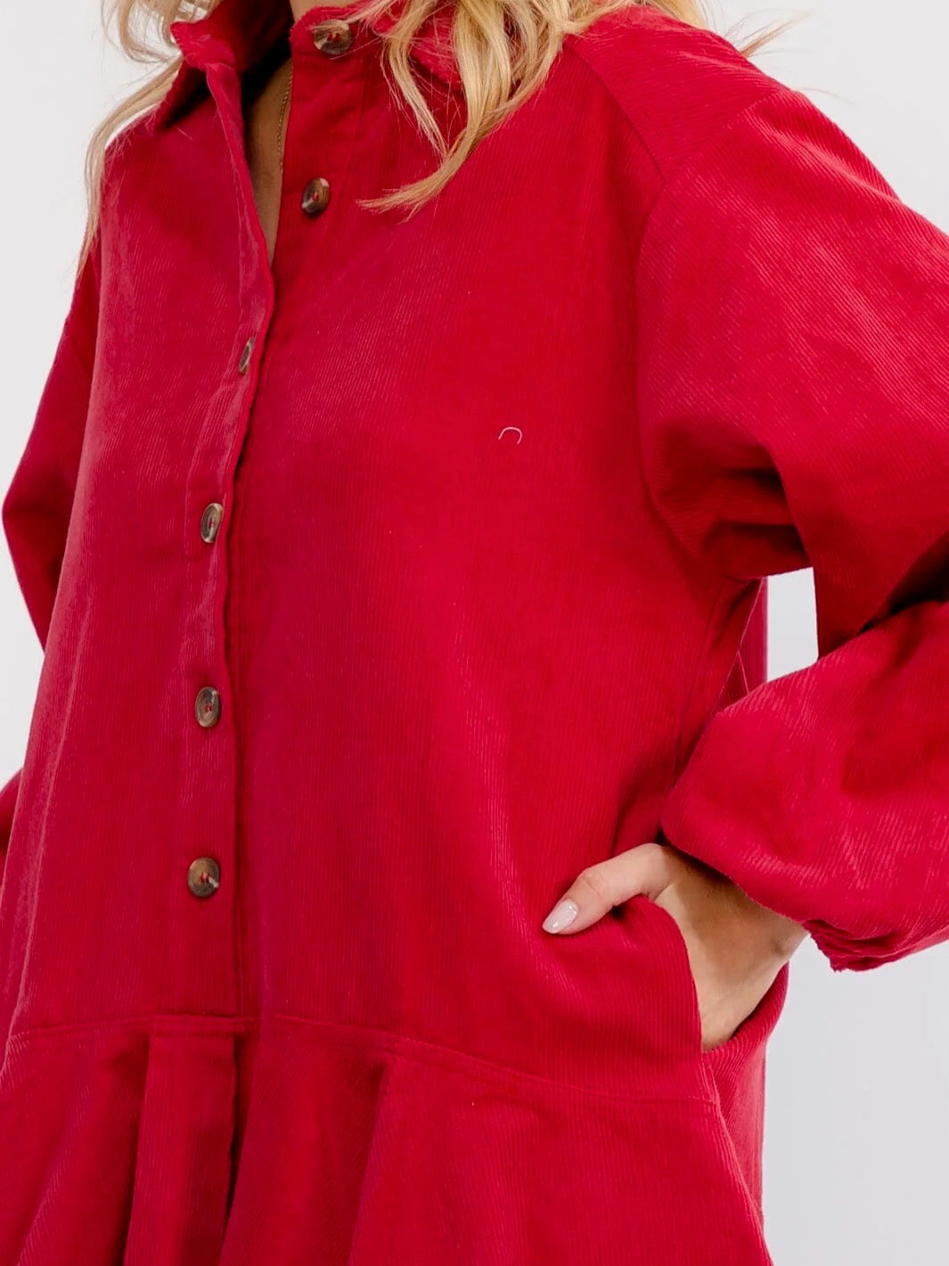 Women's Long Sleeve Button Up Red Dress