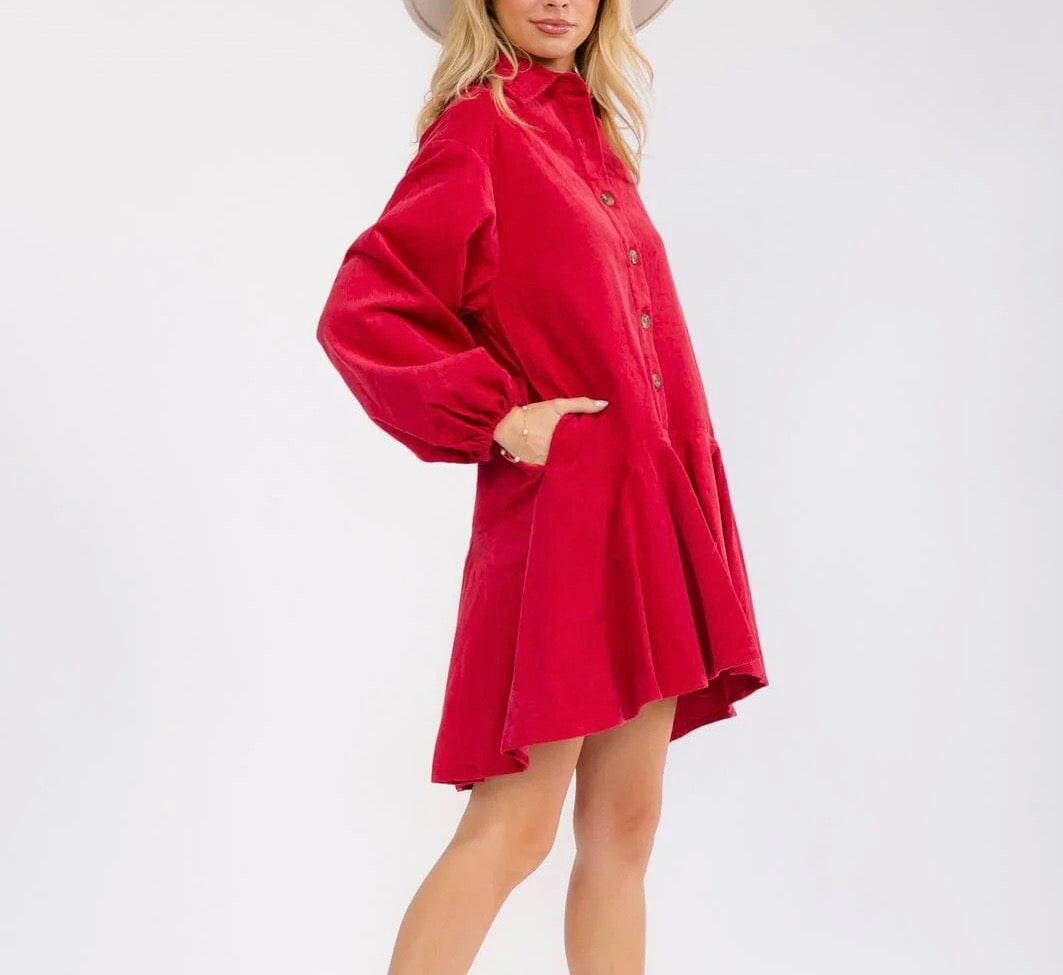 Women's Long Sleeve Button Up Red Dress
